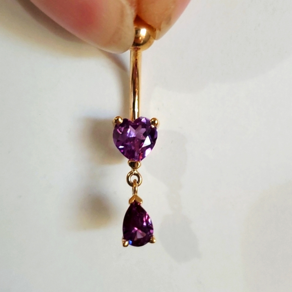 Body Gems Jewelry Piercing 14 Carat Nickel Free Gold Prong  Amethyst w/ Dangle